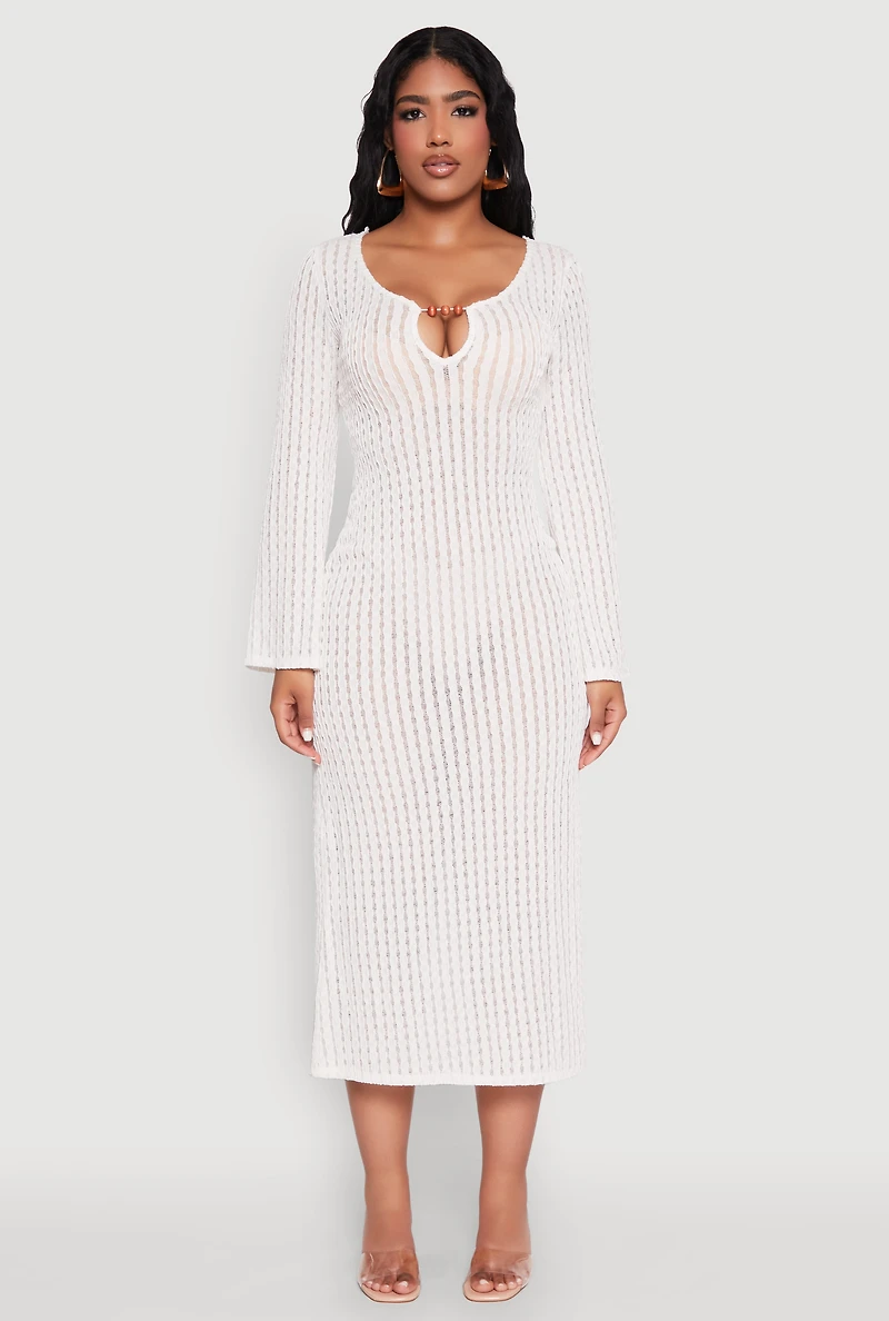 Womens Textured Knit Beaded Keyhole Shadow Stripe Dress, White, Size S