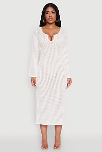 Womens Textured Knit Beaded Keyhole Shadow Stripe Dress, White, Size S
