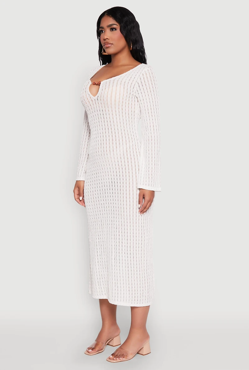 Womens Textured Knit Beaded Keyhole Shadow Stripe Dress, White, Size S