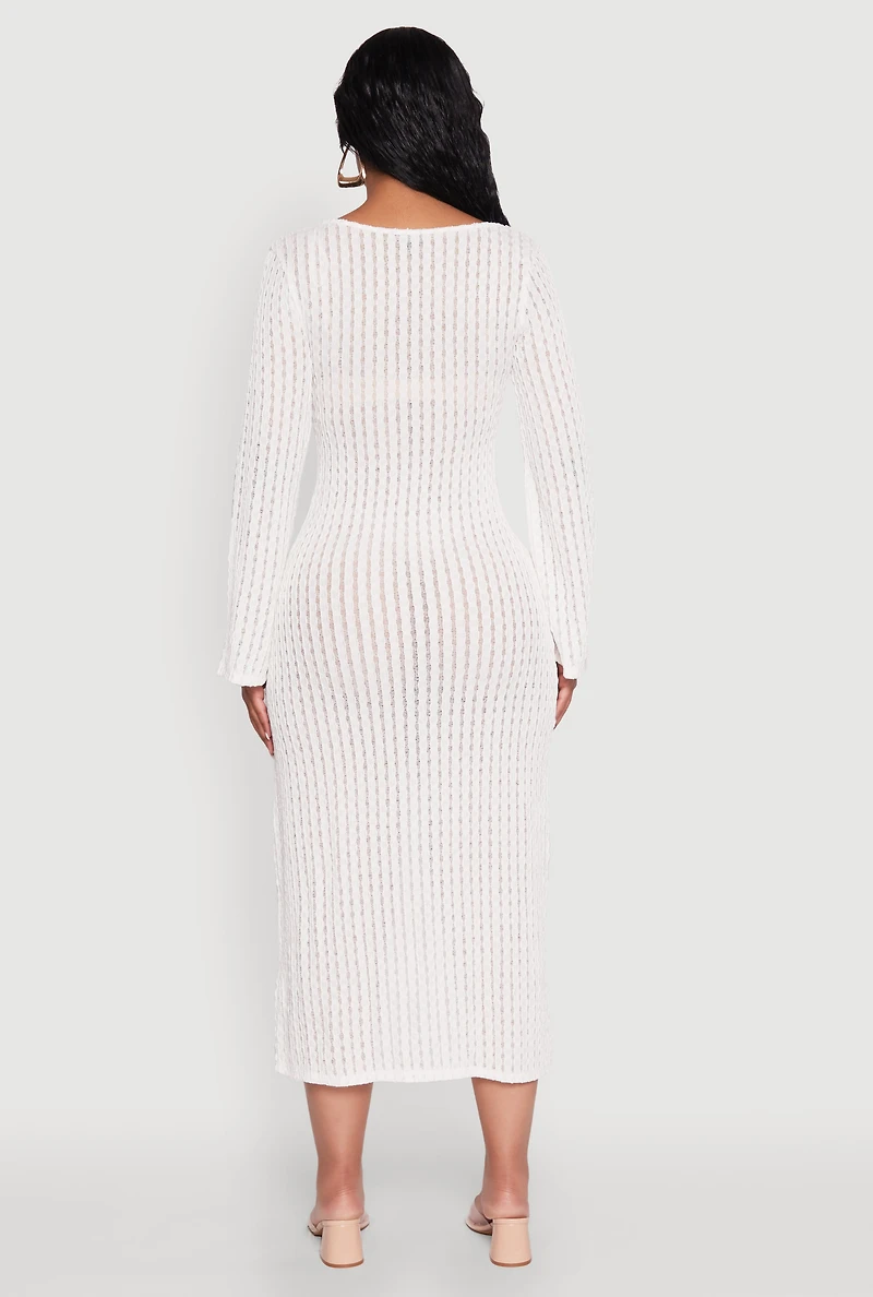 Womens Textured Knit Beaded Keyhole Shadow Stripe Dress, White, Size S
