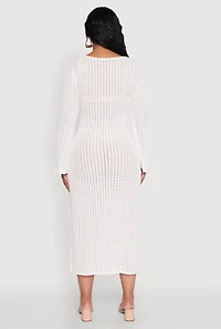 Womens Textured Knit Beaded Keyhole Shadow Stripe Dress, White, Size S
