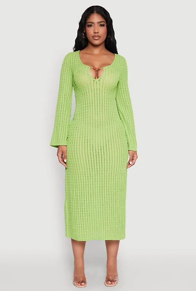 Womens Textured Knit Beaded Keyhole Shadow Stripe Dress,