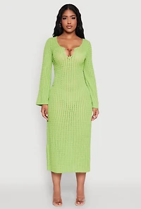 Textured Knit Beaded Keyhole Shadow Stripe Dress