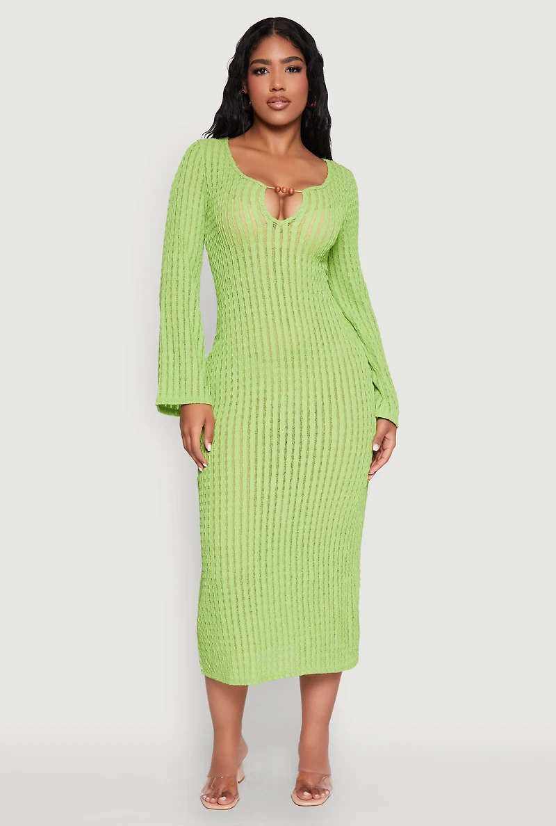 Textured Knit Beaded Keyhole Shadow Stripe Dress