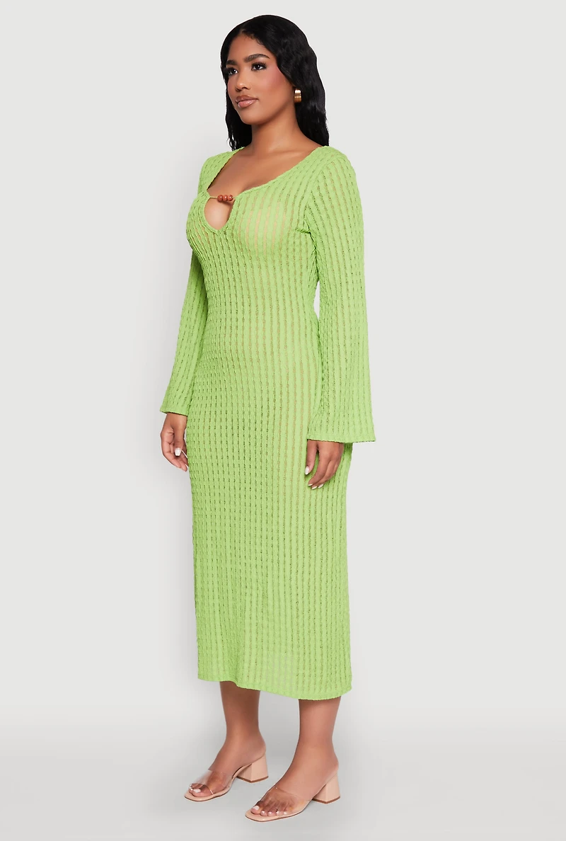 Textured Knit Beaded Keyhole Shadow Stripe Dress