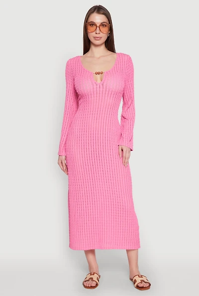 Womens Textured Knit Beaded Keyhole Shadow Stripe Dress,