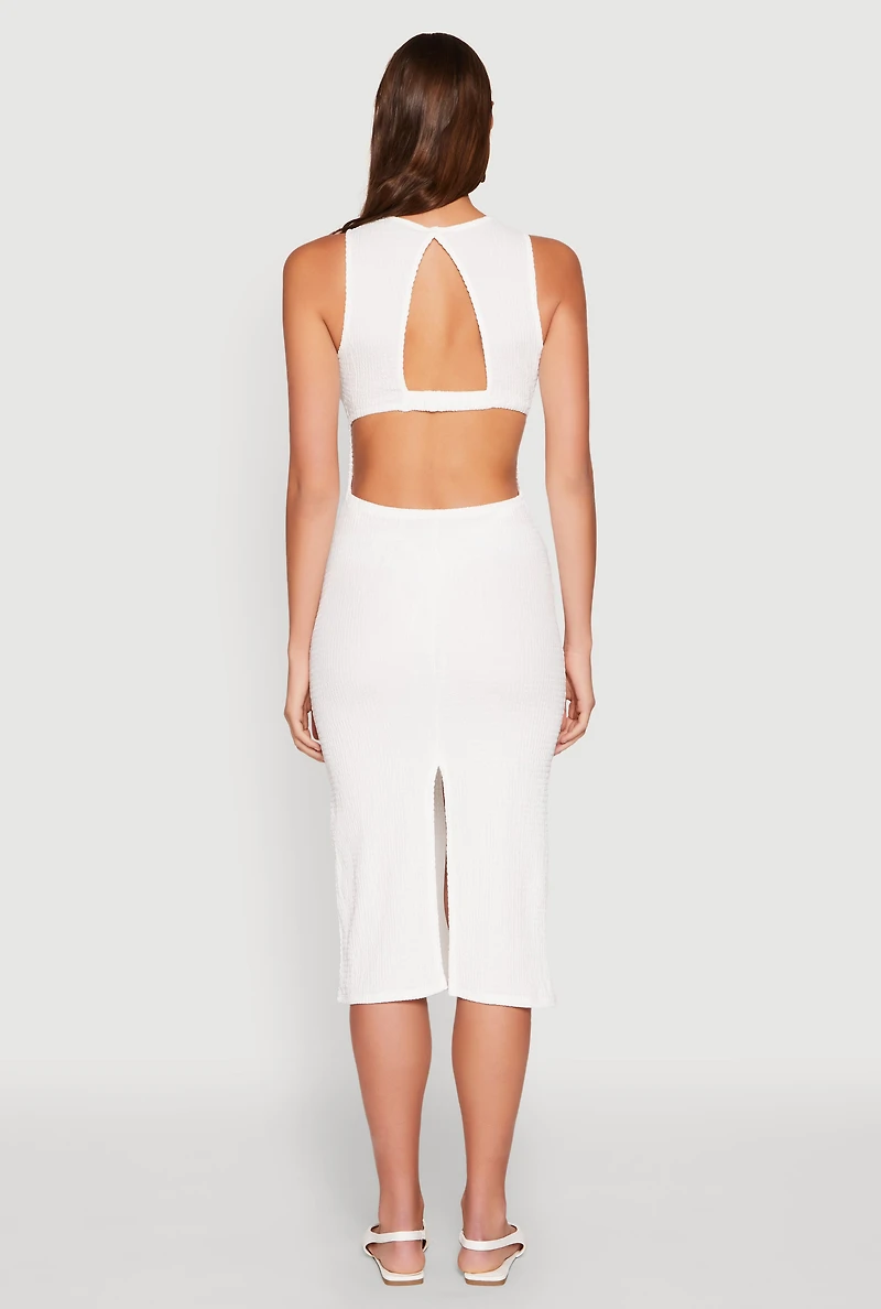 Womens Textured Knit Cut Out Midi Dress, White,