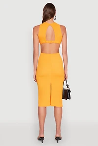 Womens Textured Knit Cut Out Midi Dress, Orange, Size M