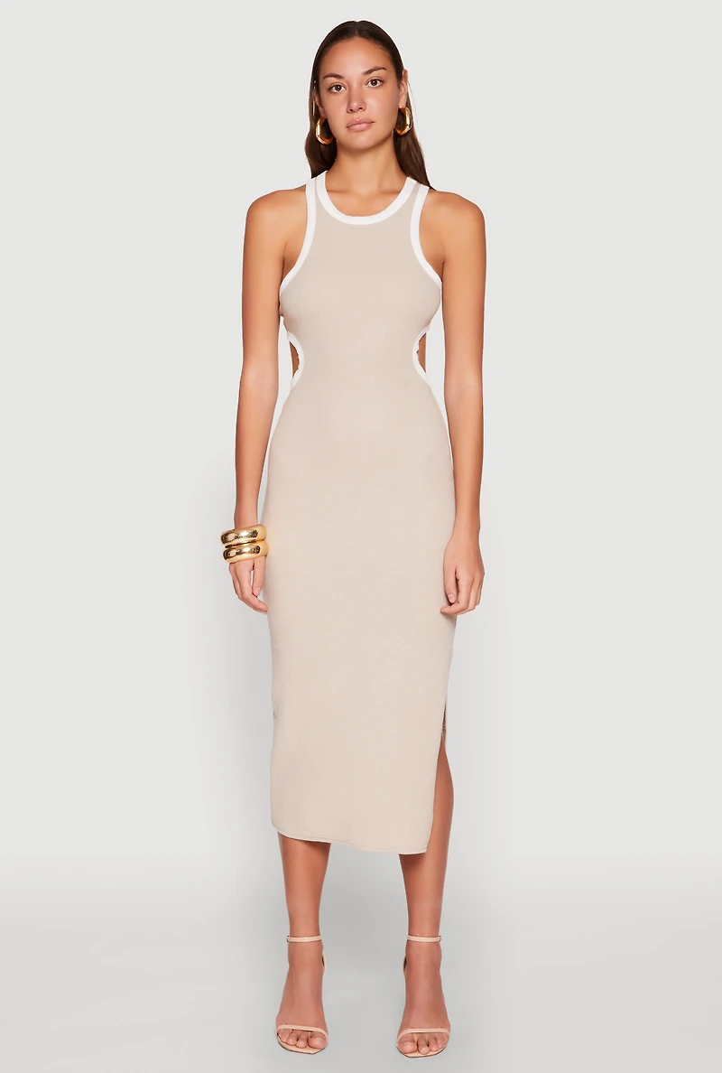 Womens Contrast Trim Cut Out Tank Dress, Beige, Size M