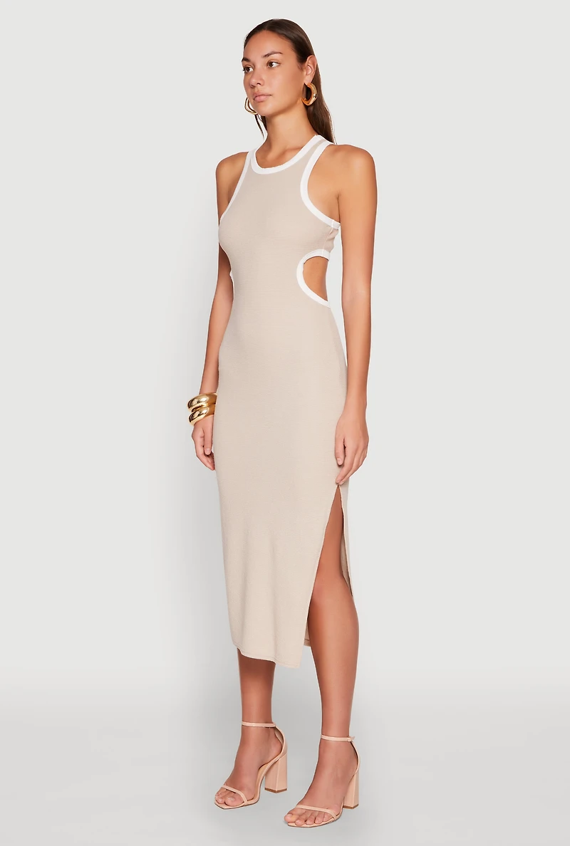 Womens Contrast Trim Cut Out Tank Dress, Beige, Size M