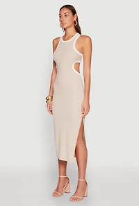 Womens Contrast Trim Cut Out Tank Dress, Beige,