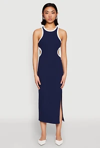 Womens Contrast Trim Cut Out Tank Dress, Blue, Size M