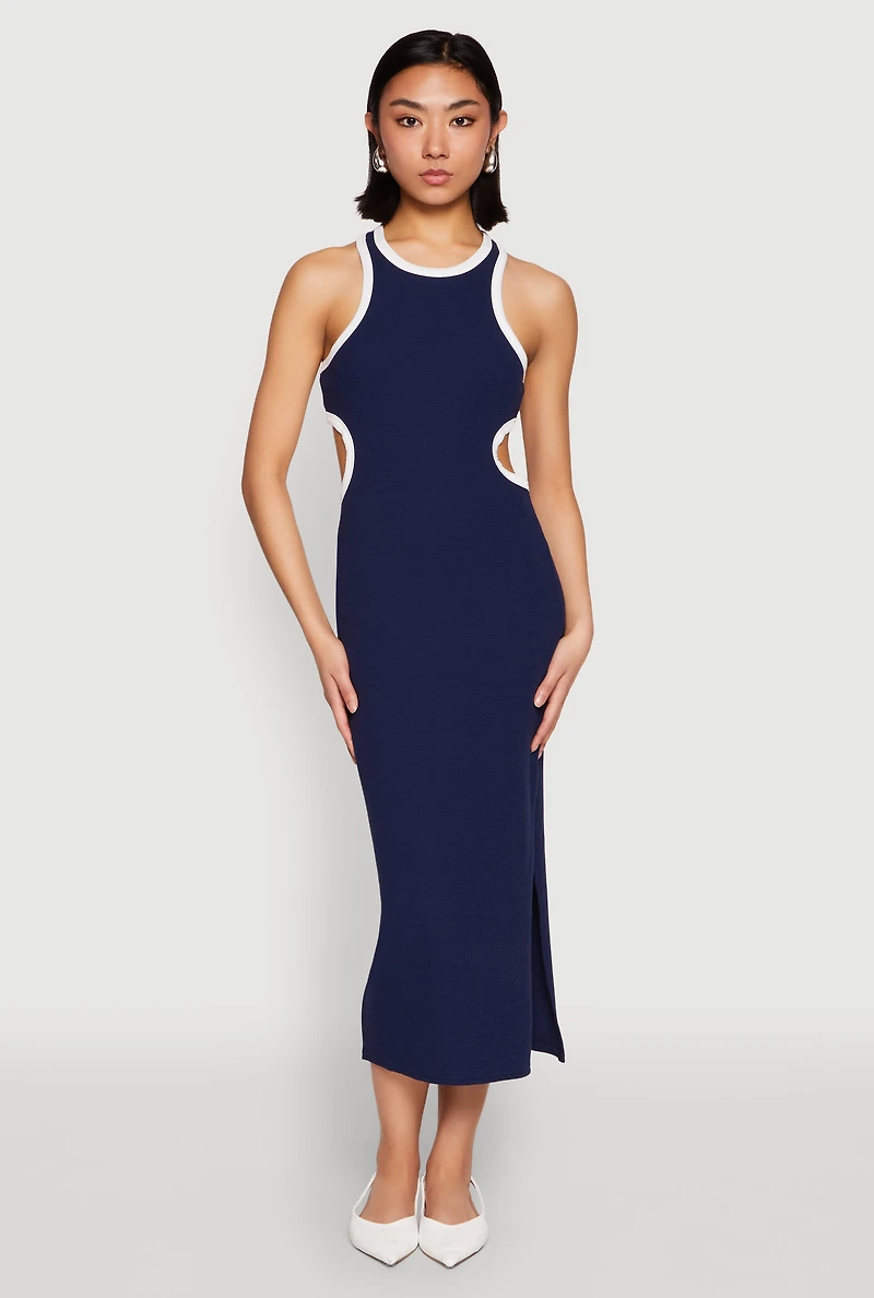 Womens Contrast Trim Cut Out Tank Dress, Blue, Size M