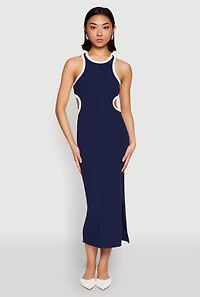 Womens Contrast Trim Cut Out Tank Dress, Blue, Size M