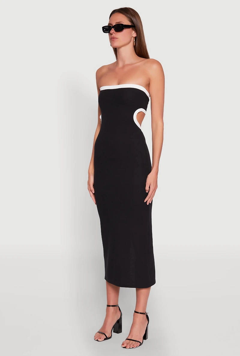 Womens Contrast Trim Cut Out Back Tube Dress, Black, Size L