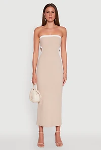 Womens Contrast Trim Cut Out Back Tube Dress, Beige, Size L