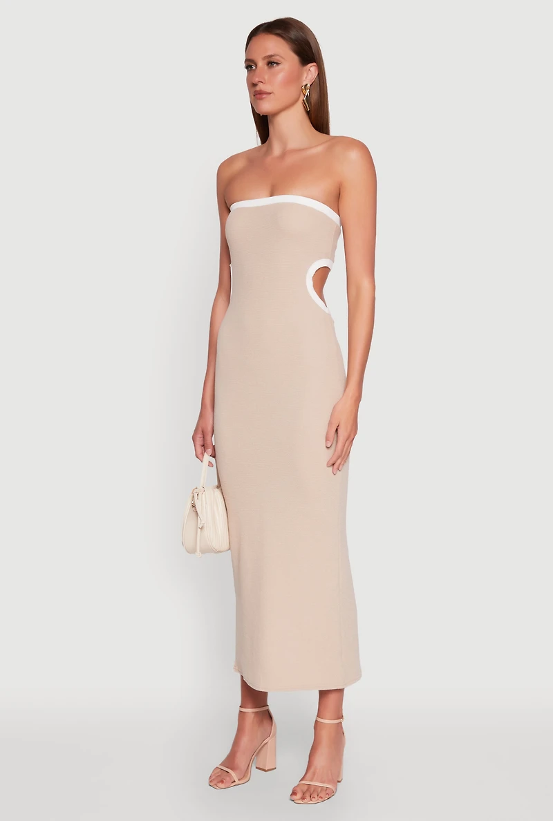 Womens Contrast Trim Cut Out Back Tube Dress, Beige, Size L
