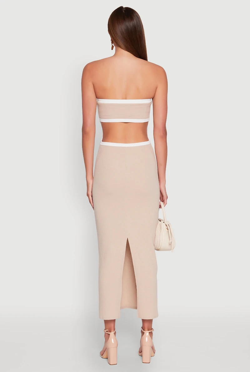 Womens Contrast Trim Cut Out Back Tube Dress, Beige, Size L