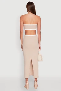 Womens Contrast Trim Cut Out Back Tube Dress, Beige, Size L