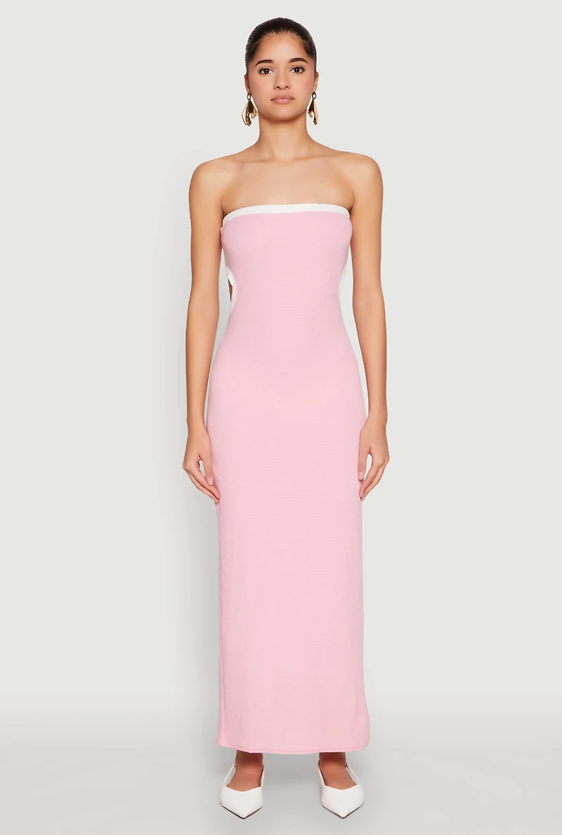 Womens Contrast Trim Cut Out Back Tube Dress, Pink, Size XL