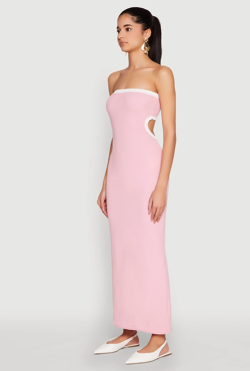 Womens Contrast Trim Cut Out Back Tube Dress, Pink, Size XL