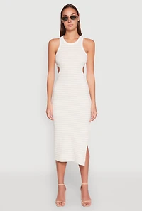 Womens Striped Cut Out Midi Tank Dress, Beige, Size L