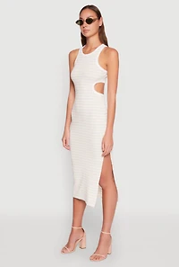 Womens Striped Cut Out Midi Tank Dress, Beige, Size L