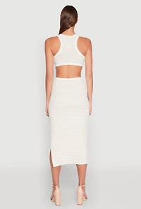 Womens Striped Cut Out Midi Tank Dress, Beige, Size L