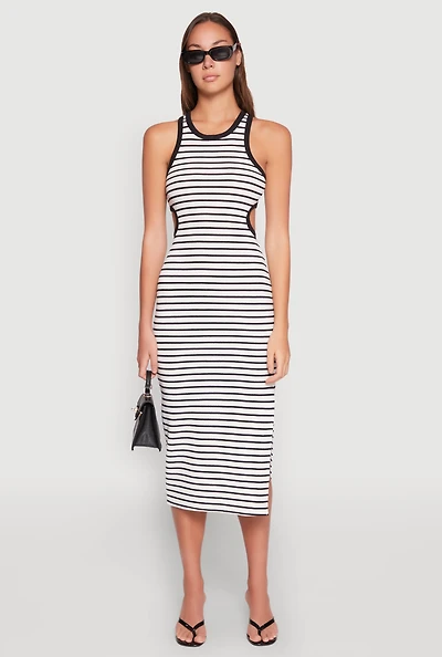 Womens Striped Cut Out Midi Tank Dress, Multi, Size L