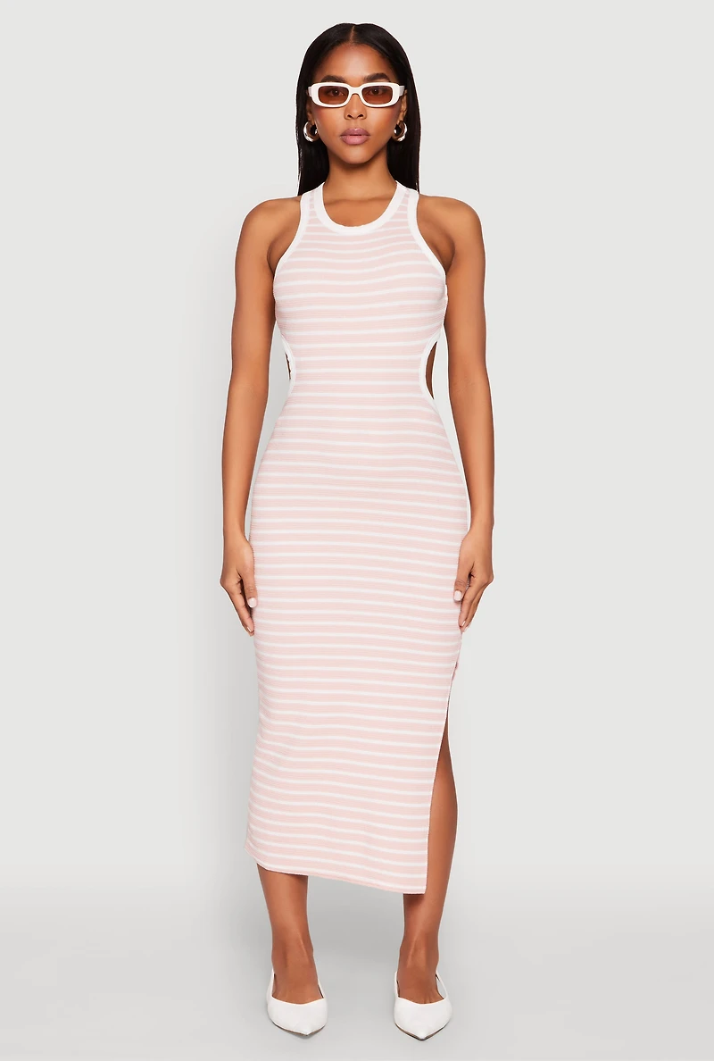 Womens Striped Cut Out Midi Tank Dress, Pink, Size L