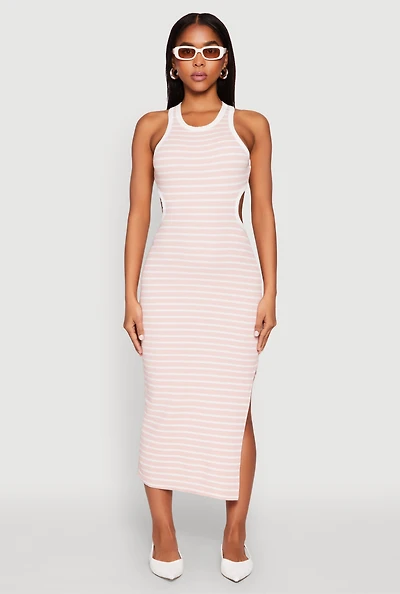 Womens Striped Cut Out Midi Tank Dress, Pink, Size M
