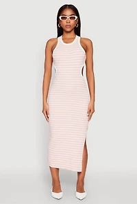 Womens Striped Cut Out Midi Tank Dress, Pink, Size M