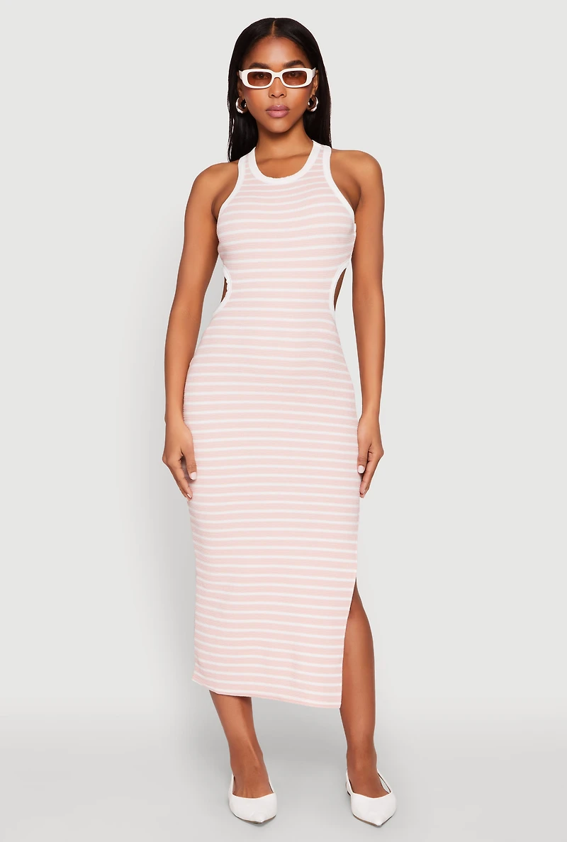 Womens Striped Cut Out Midi Tank Dress, Pink, Size L