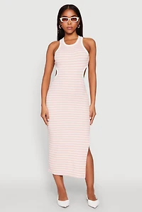Womens Striped Cut Out Midi Tank Dress, Pink, Size L