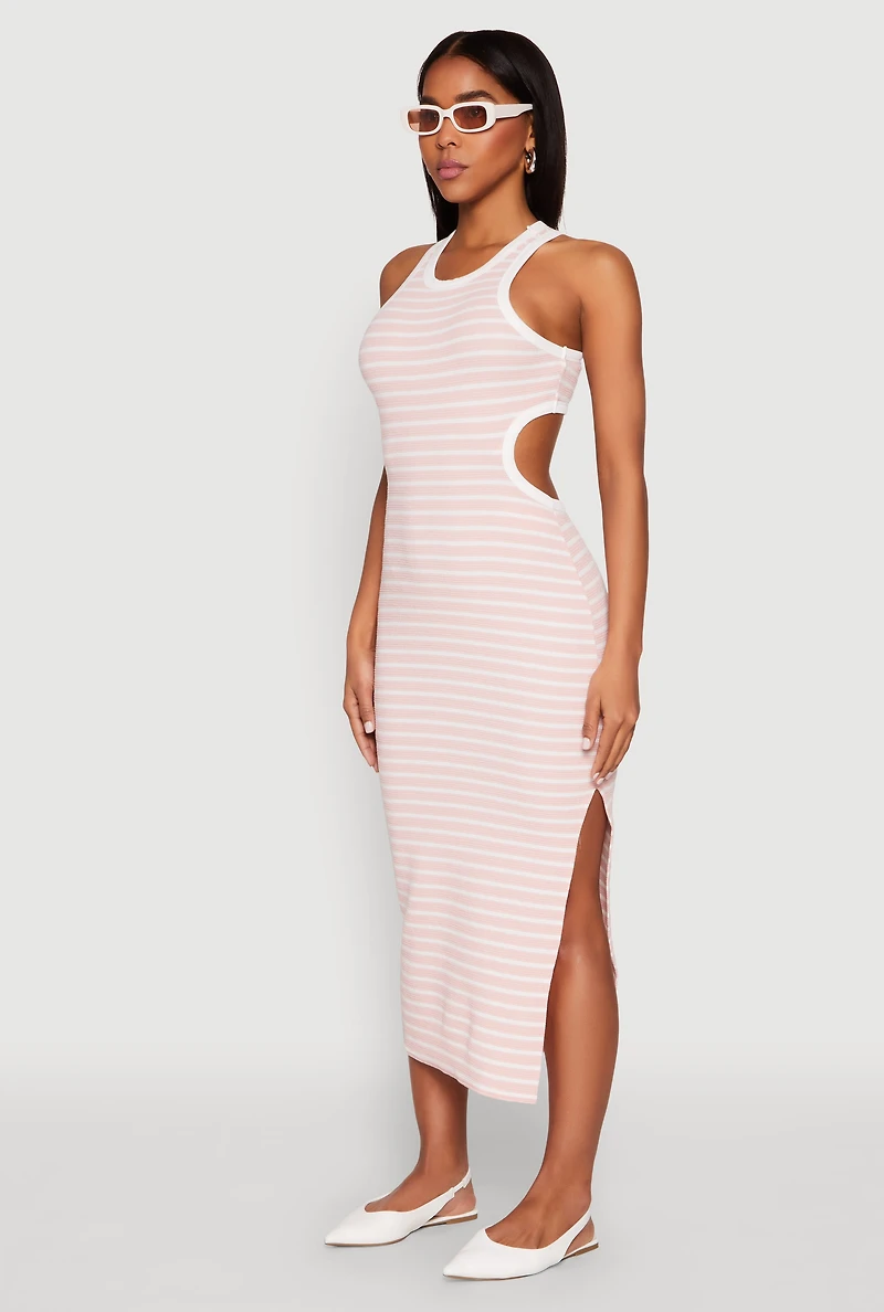 Womens Striped Cut Out Midi Tank Dress, Pink, Size L