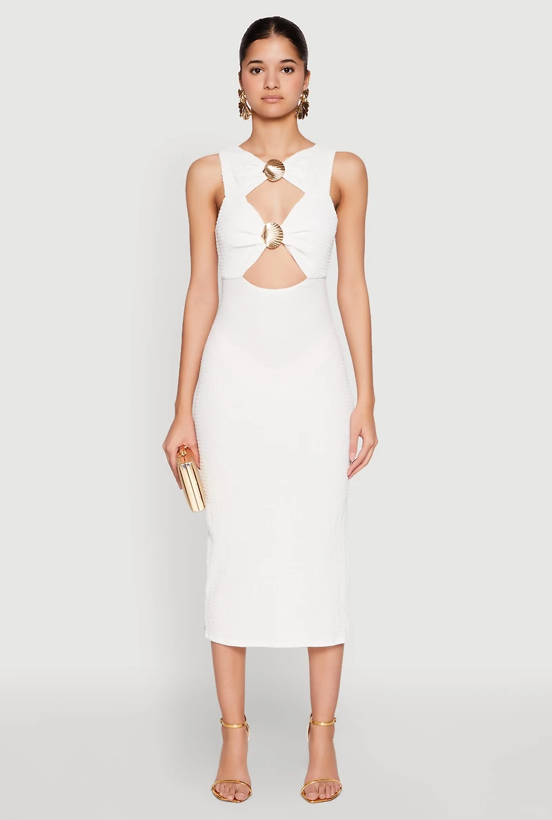 Womens Metallic Seashell Cut Out Midi Dress, White, Size L
