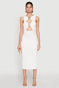 Womens Metallic Seashell Cut Out Midi Dress, White, Size L