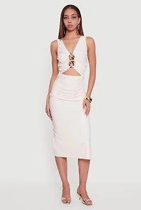 Womens Chain Link Detail Ruched Side Slit Midi Dress,