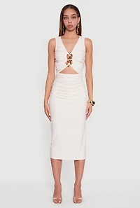 Chain Link Detail Ruched Side Slit Midi Dress