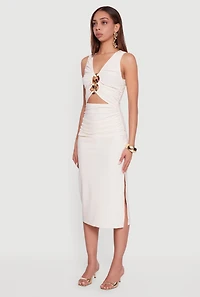 Chain Link Detail Ruched Side Slit Midi Dress