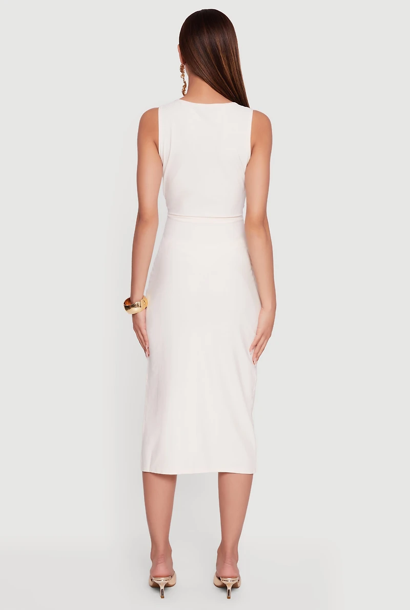 Chain Link Detail Ruched Side Slit Midi Dress
