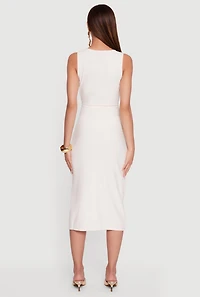 Chain Link Detail Ruched Side Slit Midi Dress