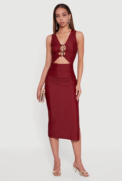 Chain Link Detail Ruched Side Slit Midi Dress