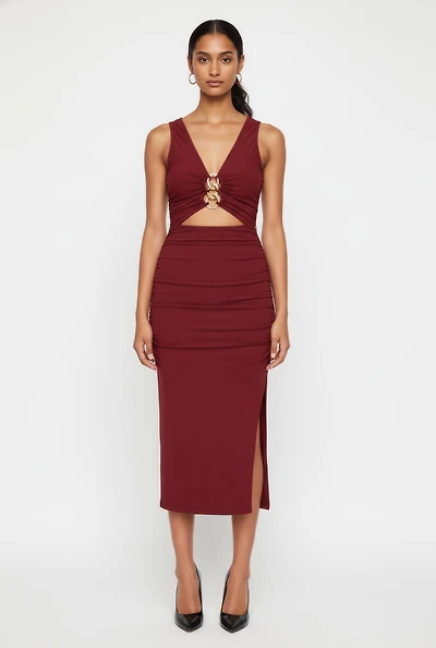 Chain Link Detail Ruched Side Slit Midi Dress