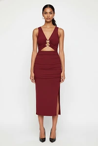 Chain Link Detail Ruched Side Slit Midi Dress