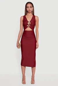 Chain Link Detail Ruched Side Slit Midi Dress