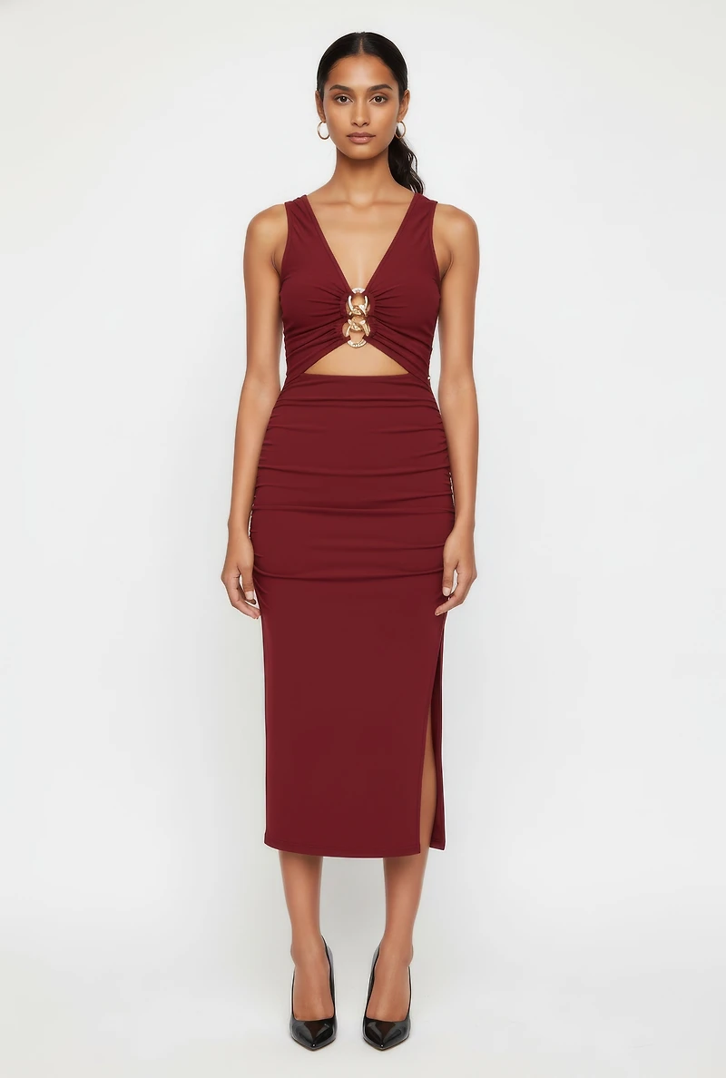 Chain Link Detail Ruched Side Slit Midi Dress