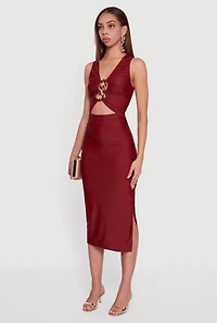 Chain Link Detail Ruched Side Slit Midi Dress