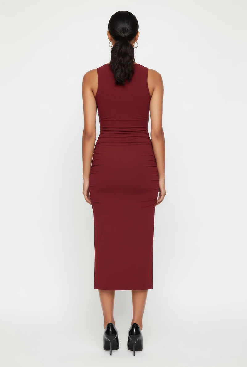 Chain Link Detail Ruched Side Slit Midi Dress