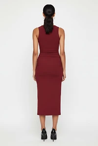 Chain Link Detail Ruched Side Slit Midi Dress